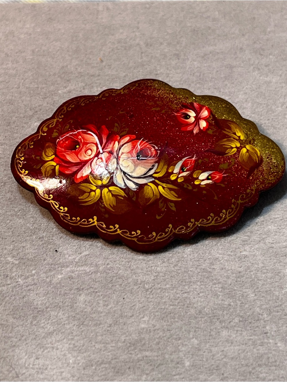 Hand-Painted Floral Decorative Brooch in Deep Red
